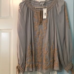 Lucky Brand Boho blue with tan embroidered blouse